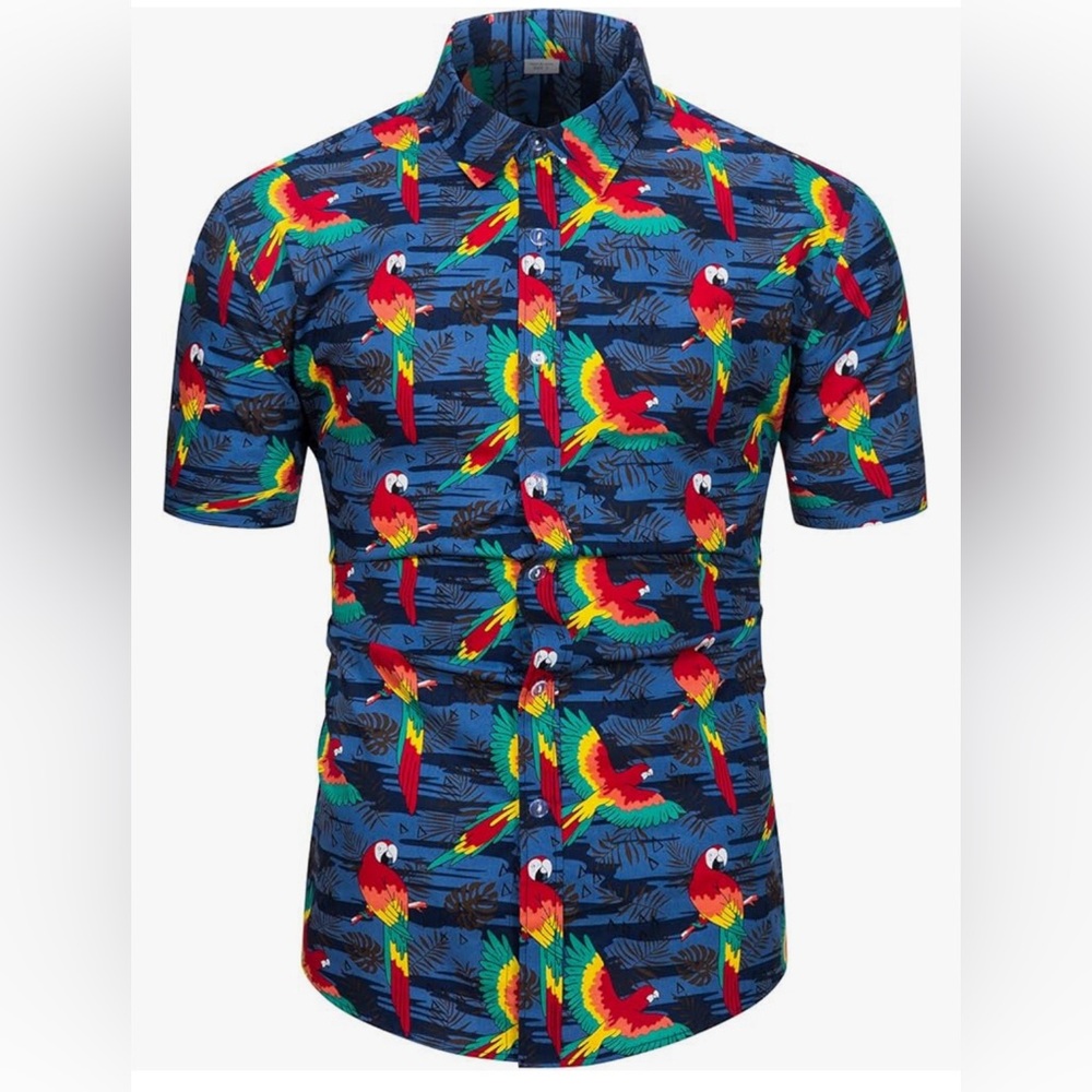 New TUNEVUSE Mens Flower/Pineapple/Bird Print Hawaiian Shirt.  Jimmy Buffett